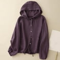 thumbnail image 2 of Cotton Linen Hoodie Tops Womens Summer Long Sleeve Button Jackets Light Weight Casual Gauze Breathable Cardigan Blouses Purple M, 2 of 4