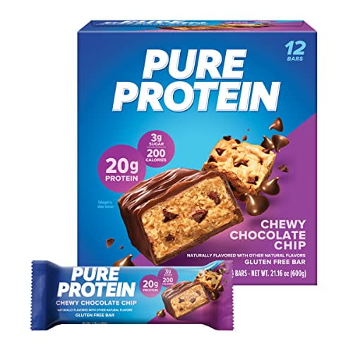 Barras de proteína pura, altas en proteínas, refrigerios nutritivos para respaldar la energía, bajo en azúcar, sin gluten, chispas de chocolate masticables, 1.76 oz (paquete de 12), el empaque puede v