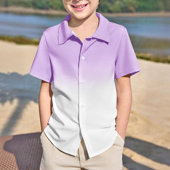 SOFTCCLO Boys Shirts Short Sleeve Lapel Collar Button Down Tops Gradient Color Summer Stylish Casual Kids Shirts Size 11-12Y