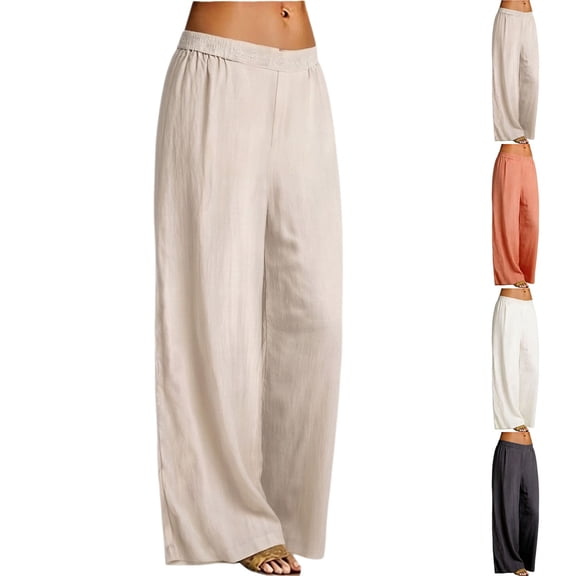Women's Spring Summer Embroidered Wide Leg Pants Cotton Linen High Waist