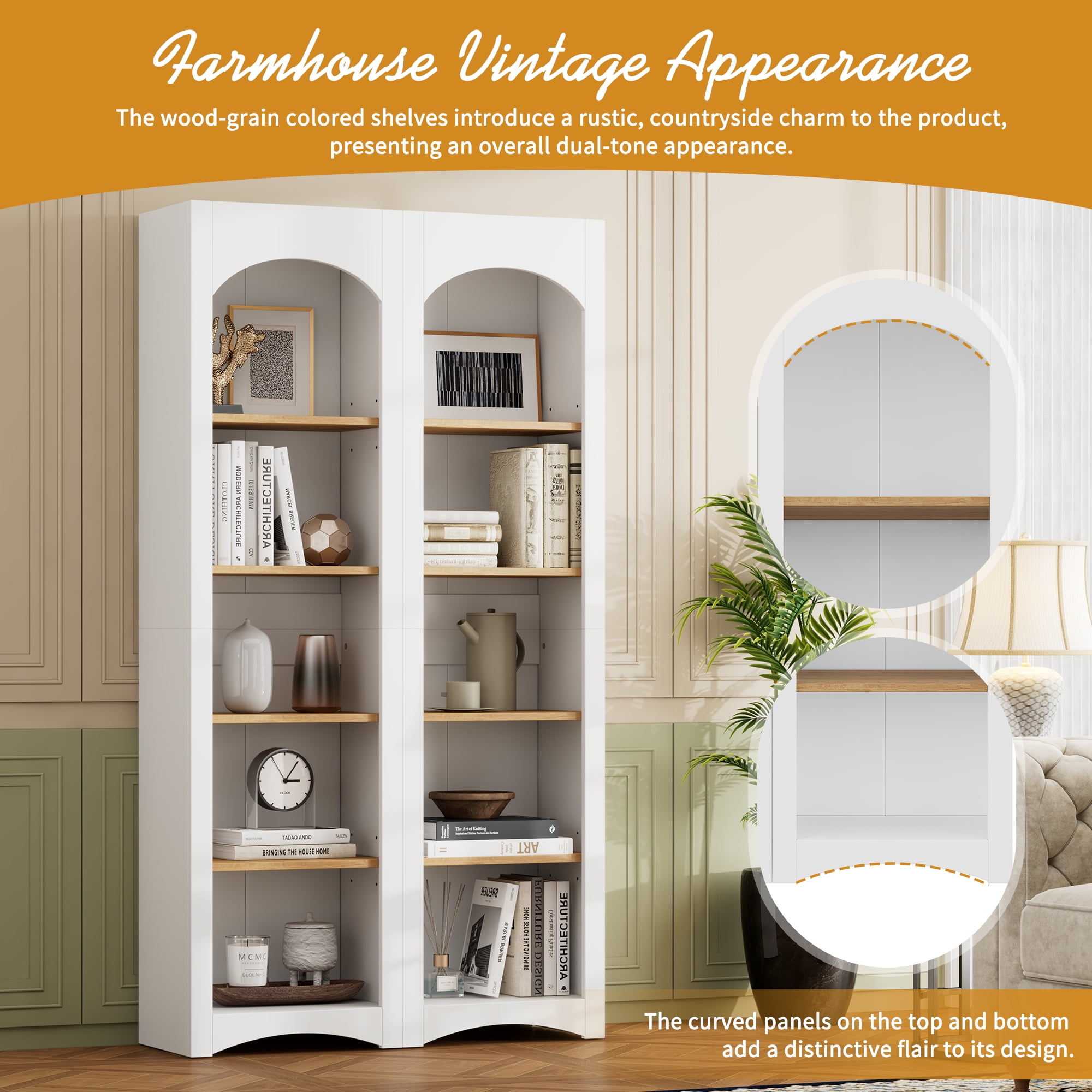 Leumius 5 Tier Bookcases Display Shelf with Adjustable Shelf,72" Tall Farmhouse Kitchen Pantry Cabinet for Living Room, Home Office, White