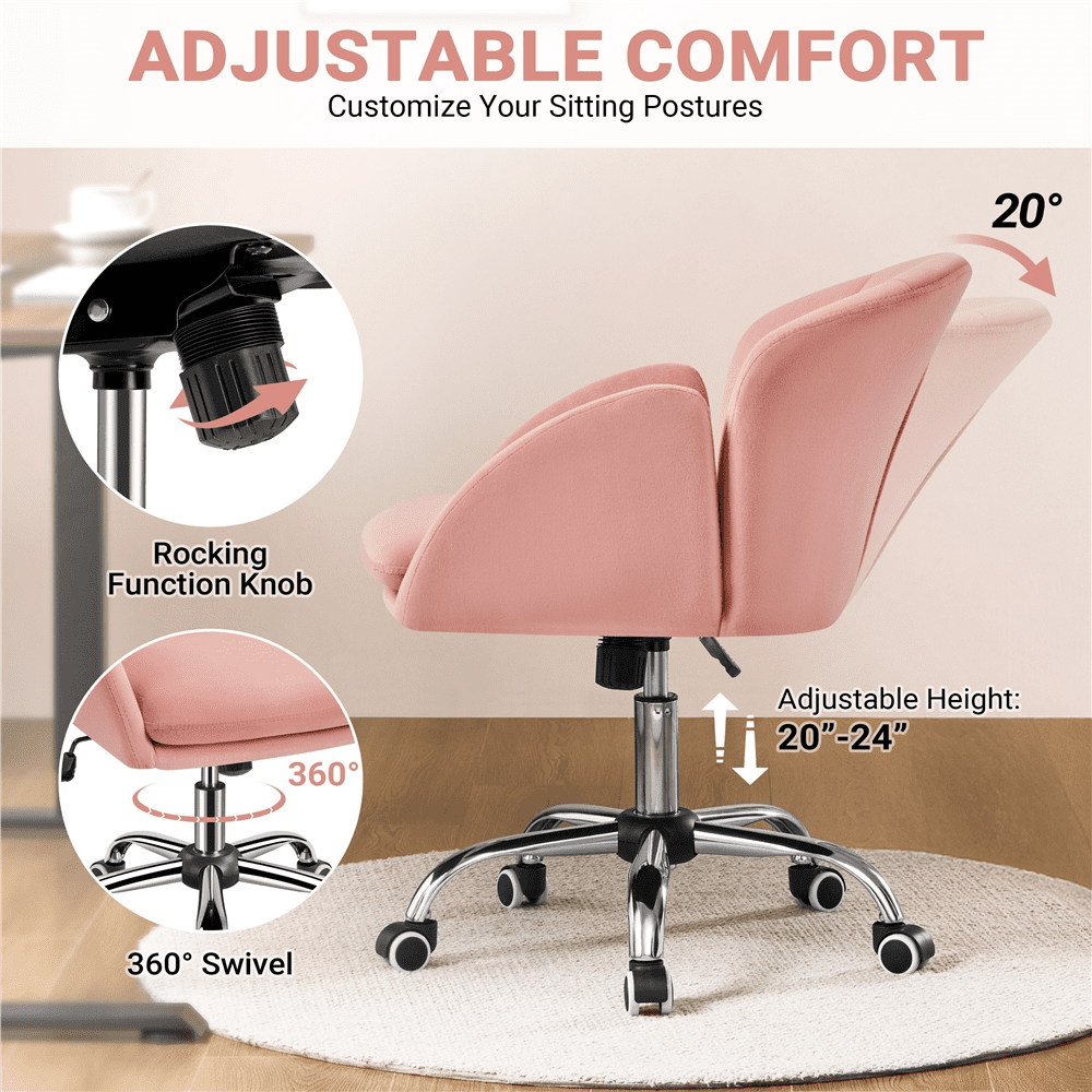 Alden Design Modern Velvet Rolling Desk Chair for Home Office, Pink
