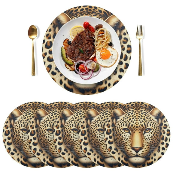 Leopard Of Face Black Round Placemats Plate Mats 15 Inch Non-Slip Heat Resistant Washable PVC Set Indoor for Kitchen Dining Table 1PC