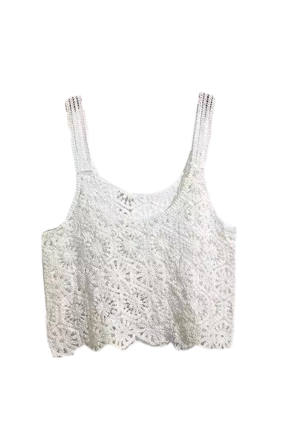 Women Vintage Crochet Cropped Tank Top Boho Hollow Out Knitted Floral Pattern Camisole Summer Beach Sleeveless Cover Up Vest Shirts