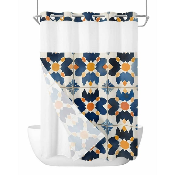 No Hook Cloth Fabric Shower Curtain with Snap in Liner, Blue Geometric Waterproof Shower Curtains Set with See Through Top Window, Simple Colorful Block Abstract Pattern Bath Curtains Shower 60"x72"