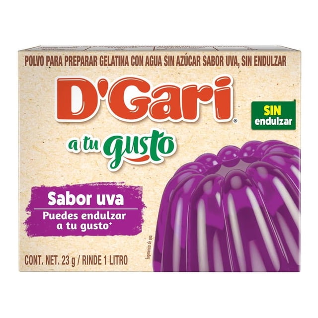 Polvo para preparar gelatina D'Gari con agua sin azúcar sabor uva 23 g