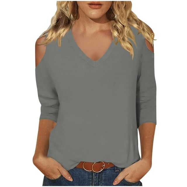 Timegard Summer Tops for Women V-Neck Cold Shoulder 3/4 Sleeve Solid Color Comfy Blouse Casual Loose Tops