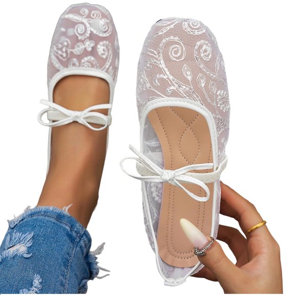 Gpaecead Women's Sequin Lace Mary Jane Flats Breathable Slip On Bow Strap Comfort Casual Summer Shoes For Party, F-White