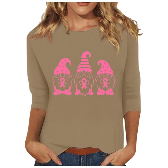 IROINNID Deals Breast Cancer Pullover for Women Breast Cancer Awareness Comfy Printed Loose T-shirt 3/4 Sleeves Blouse Round Neck Tops,Khaki