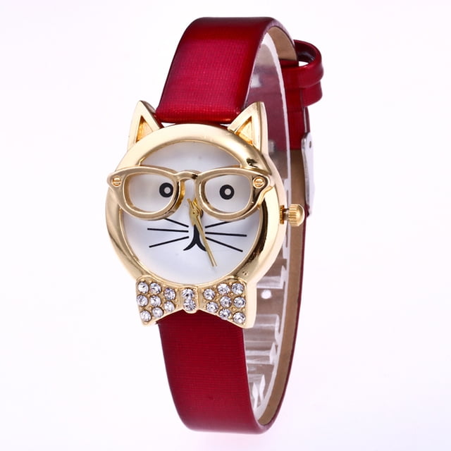Montre-bracelet Analogique à Cadran Quartz Chat Lunettes Mignonnes pour Femmes