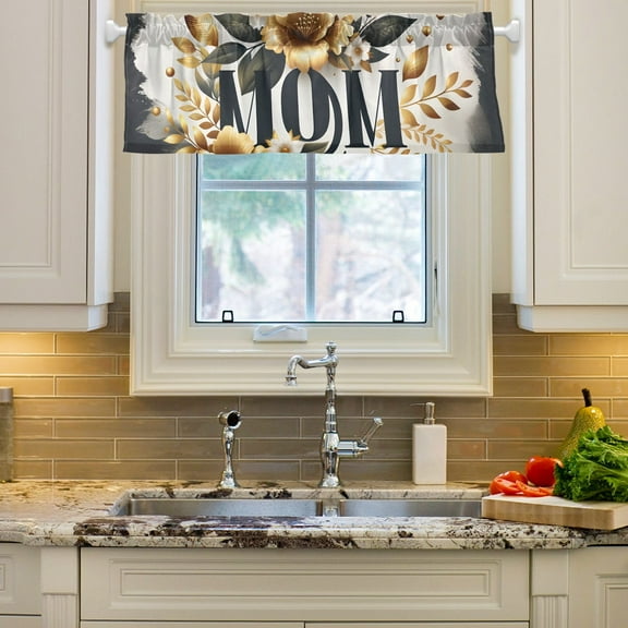 Gold Flowers Mother Day Curtain Valances Farmhouse Design Window Treatment Decor Blackout Rod Pocket for Windows Living Room Kitchen 54" x 18"
