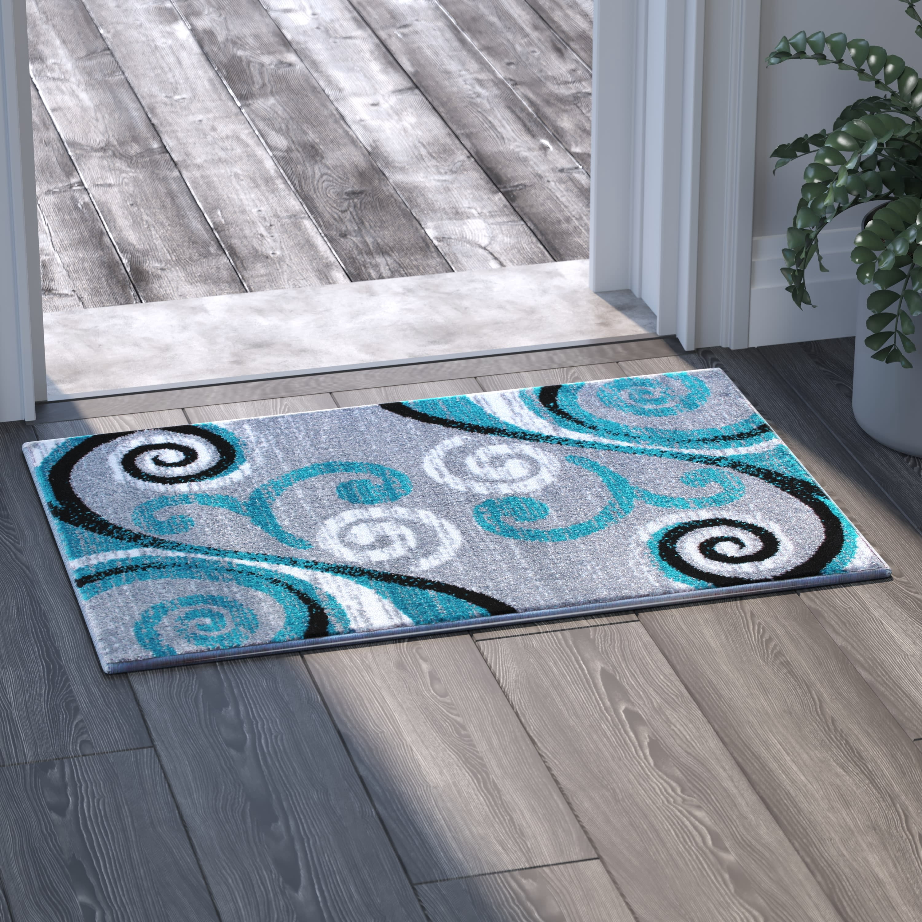 Emma + Oliver 2x3 Scraped Look Ultra Soft Plush Pile Olefin Accent Rug in Turquoise, Gray, Black and White Swirl Pattern, Jute Backing