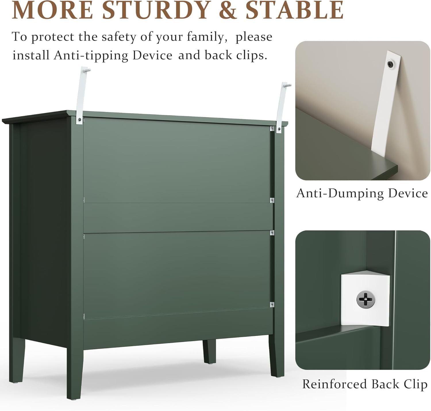 Mayincolor Fluted 3-Drawer Dresser Set of 2, Green Wood Chest for Bedroom & Living Room