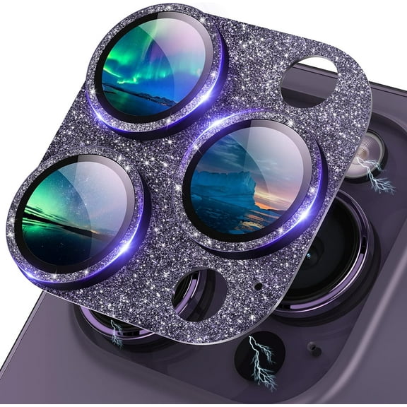for iPhone 14 Pro/iPhone 14 Pro Max Camera Lens Protector 3D Bling Glitter Full Coverage Camera Screen Cover Case Friendly Accessories for iPhone 14 Pro Max/ 14 Pro Glitter Purple