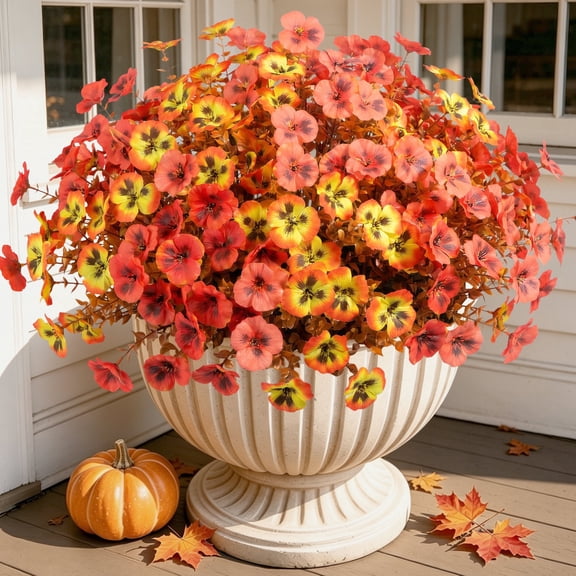 AcerichFad Artificial Fall Flowers Outdoor, 16 Bundles Autumn Faux Pansy Flowers Fake Silk Plants Fall Decoration for Home Garden Porch Indoor Outside Autumn Decor, Red Orange Yellow