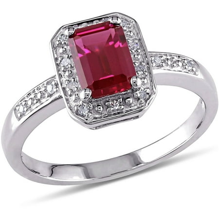 1-3/5 Carat T.G.W. Emerald-Cut Created Ruby and Diamond-Accent Sterling Silver Halo Ring