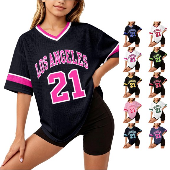 WAYUTE Girls Shirts Letter Printed V Neck Short Sleeve Breathable Soft Sporty Top for Casual Stylish Workout Tee Shirt,Black3,Size 13 Y-14 Y