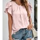 thumbnail image 5 of Camiseta con cuello redondo para mujer, escote plisado, mangas cortas de pétalos, tela jacquard, camiseta informal de verano, color rosa L, 5 of 8