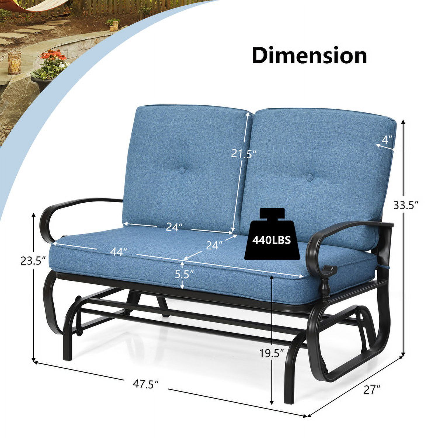 Aimee Lii Double Chair Outdoor with cushion, Patio Glider Bench, Porch, Backyard, Sturdy, Navy Aimee Lii Double Chair Outdoor with cushion, Patio Glider Bench, Porch, Backyard, Sturdy, Navy