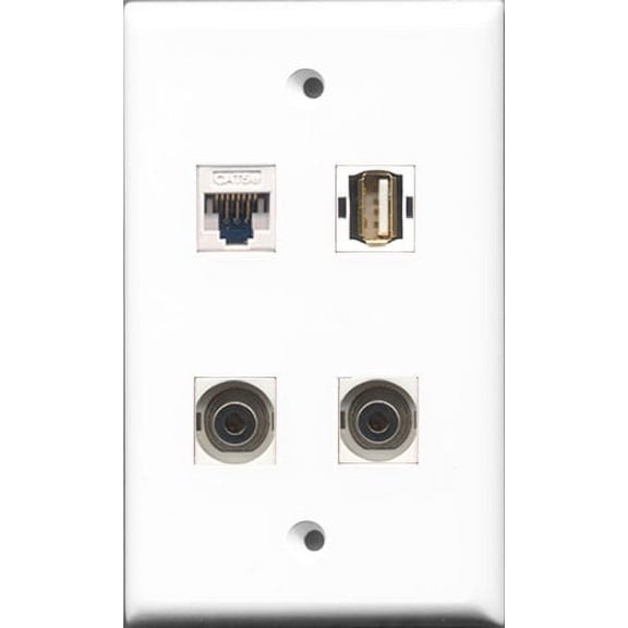RiteAV 1 Port USB A-A 2 Port 3.5mm and 1 Port Cat5e Ethernet White Wall Plate