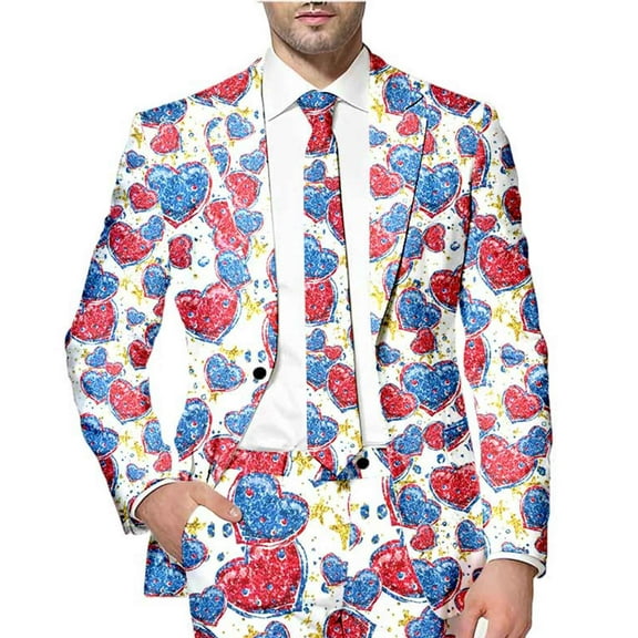 Telankuip Valentine's Day Colorful Full Print Suit Jackets for Men Funny Printed Long Sleeve Lapel Slim Fit Festival Blazers Casual Stylish One Button Holiday Sex Dating Outwear Blue S