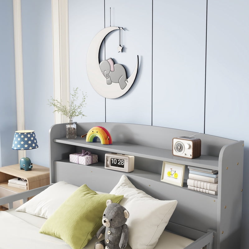 Full Size Bed Frame with Storage , Wood Full Bed with LED Lights and Storage Headboard, Full Size Platform Bed with Slats Support ,No Box Spring Needed, Grey