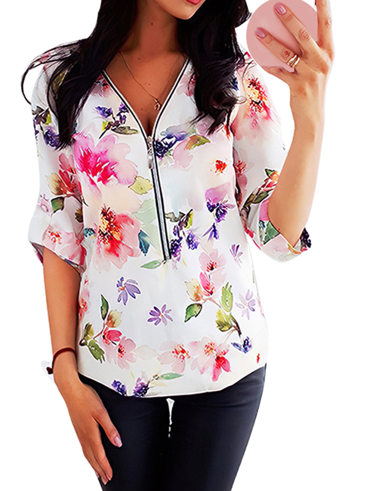 Plus Size Loose V-Neck Shirt Blouse Women Casual Long Sleeve Floral Print Tops