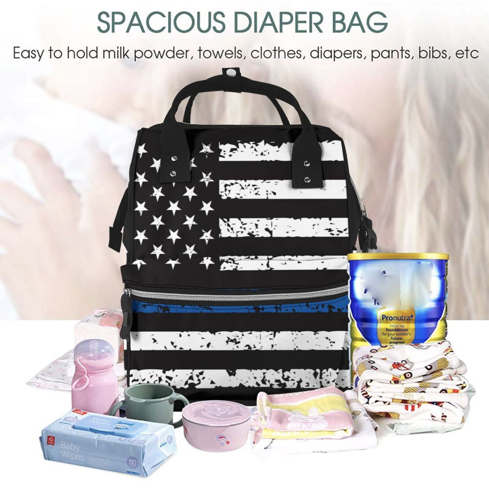 Ratiio Thin Blue Line Flag Mummy Backpack - Waterproof Twill Canvas, Large Capacity Diaper Bag with Multiple Pockets and Adjustable Straps