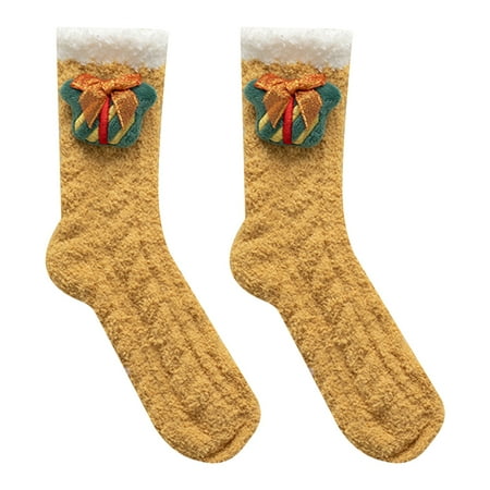 

harmtty 1 Pair Christmas Fuzzy Socks High Tube Comfortable Stretchy Anti-friction Cold Resistant Slipper Socks for Girls Yellow