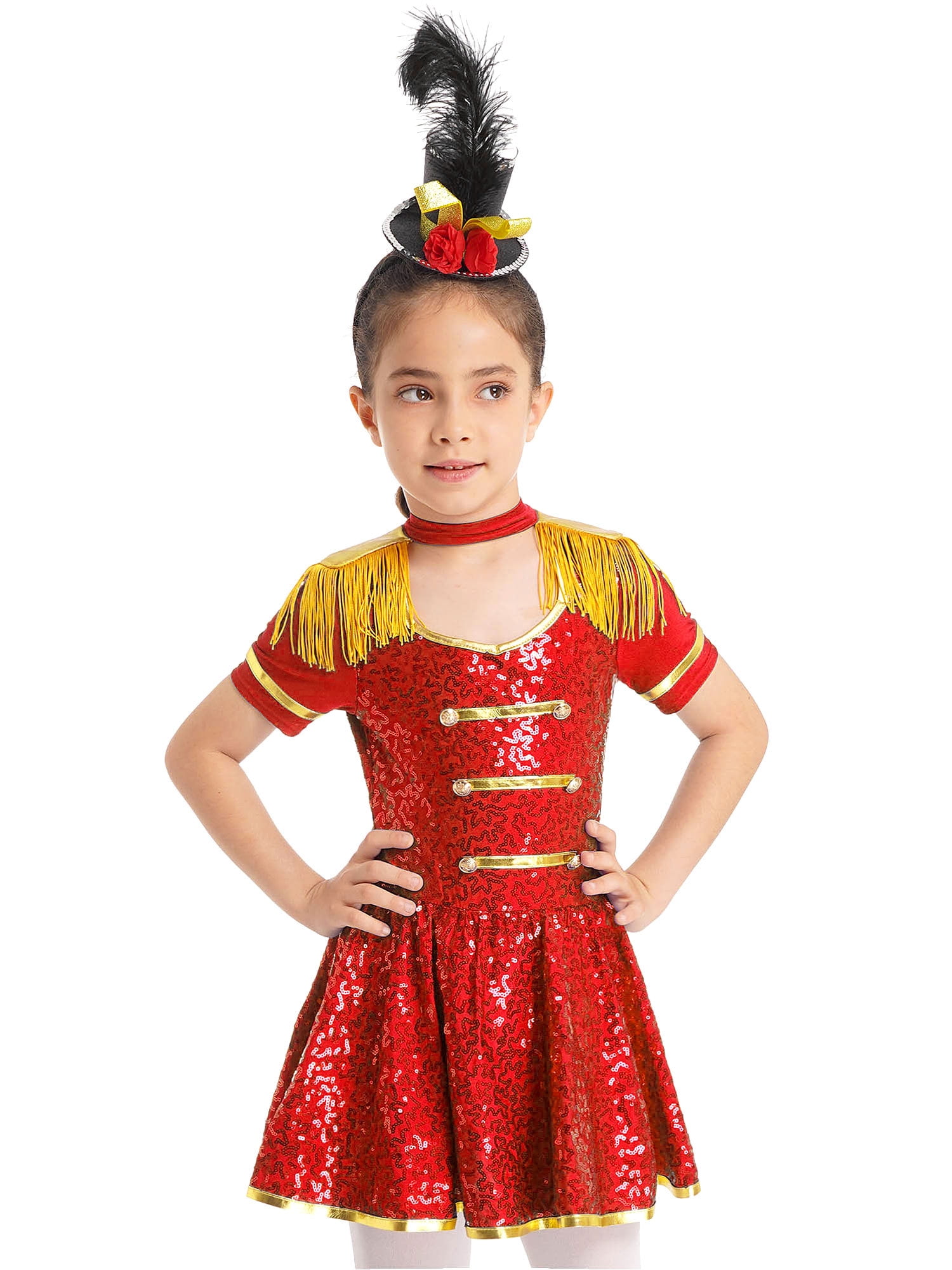 renvena Kids Girls Circus Ringmaster Sequins Tassel Leotard Dress Honor Guard Performance