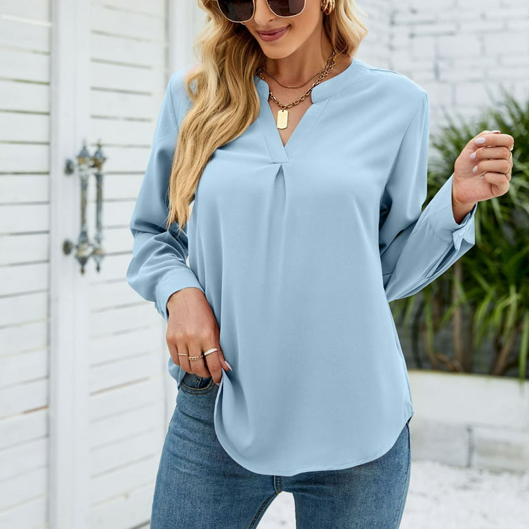 tklpehg Casual Tops for Women Clearance Ladies Tops Summer Shirts Short  Sleeve T Shirts Button Lapel Solid Color Relaxed Fit Blouses Light Blue 8  (L)