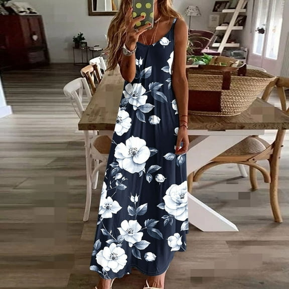 Plus Size Sundresses Plus Size Dresses Maxi Dresses for Women Summer Dresses For Women Print Sleeveless Round Neck Dress Casual Long Dresses H Multicolor XL