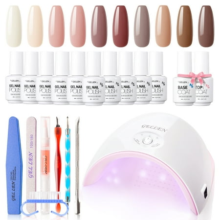 Gellen Gel Nail Polish Starter Kit with UV Lamp, 10 Colors Chocolate Nude Color Gel Polish with 36W Nail Lamp Top & Base Coat Nail Tools Manicure Set, All-In-One Gel Nail Polish Kit