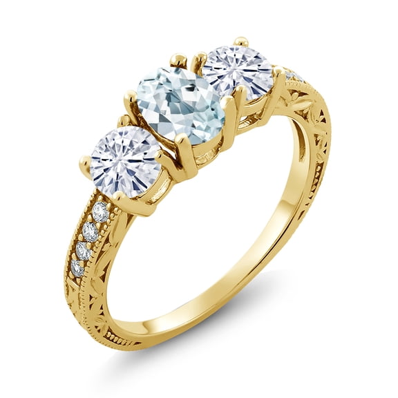 Gem Stone King 18K Yellow Gold Plated Silver 3-Stone Ring | 7X5MM Oval Aquamarine and 5MM Round White Moissanite | 1.87 Cttw (Size 5)