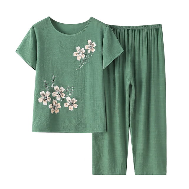Ensemble Court Deux Pièces pour Femmes Été Coton Lin Ensemble Deux Pièces Manches Courtes Col Rond Hauts Imprimés Pantalons Ensemble Deux Pièces pour Femmes Été Hauts en Lin pour Femmes Été