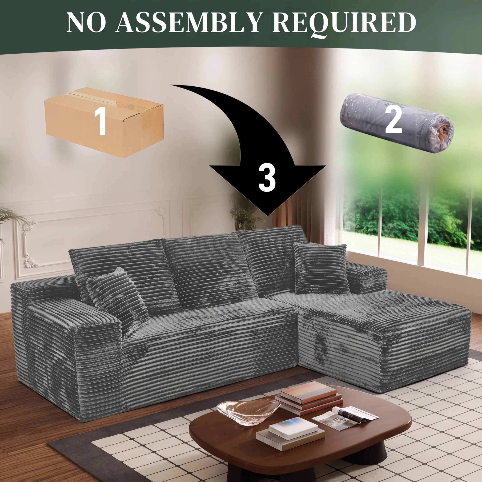 AISWORD 107.5" Corduroy Boneless L Shaped Modular Sectional Sofa with Right Facing Chaise, Deep Seat Compressed Couch with Throw Pillows, No Assembly Required, Gray