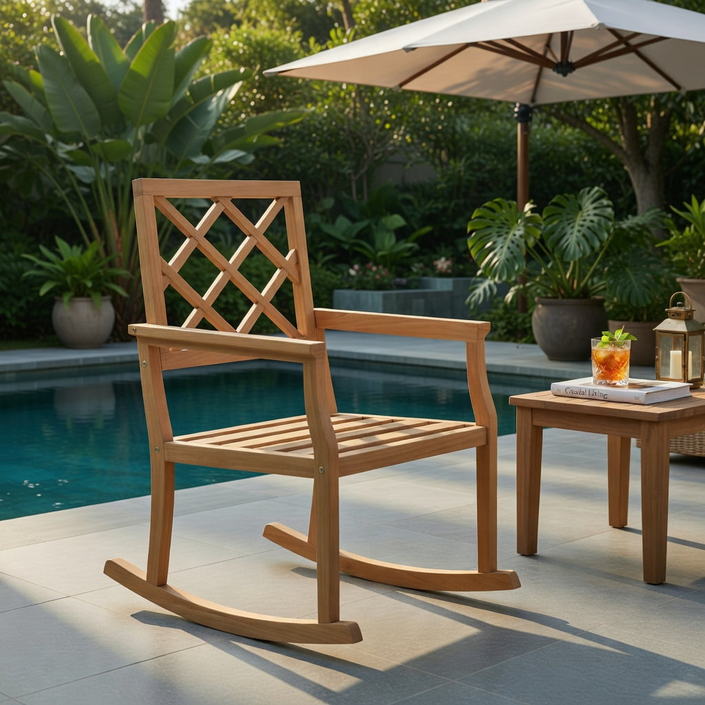 Hommoo Oversized Teak Wood Rocking Chair for Outdoor Patio, Sturdy Indonesian Teak Porch Rocker with Ergonomic Backrest & Slatted Seat, Brown