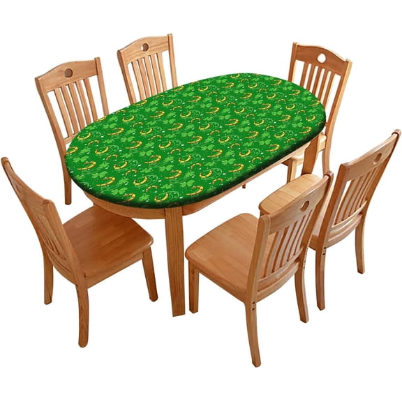 Green St. Patrick''s Day Oval Fitted Tablecloth, Green Clover Elastic Edge Table Cover, Polyester Table Cloth Wrinkle Resistant Decor Indoor Family Banquet Use Fits Oblong 48'''' W X 68'''' L Table