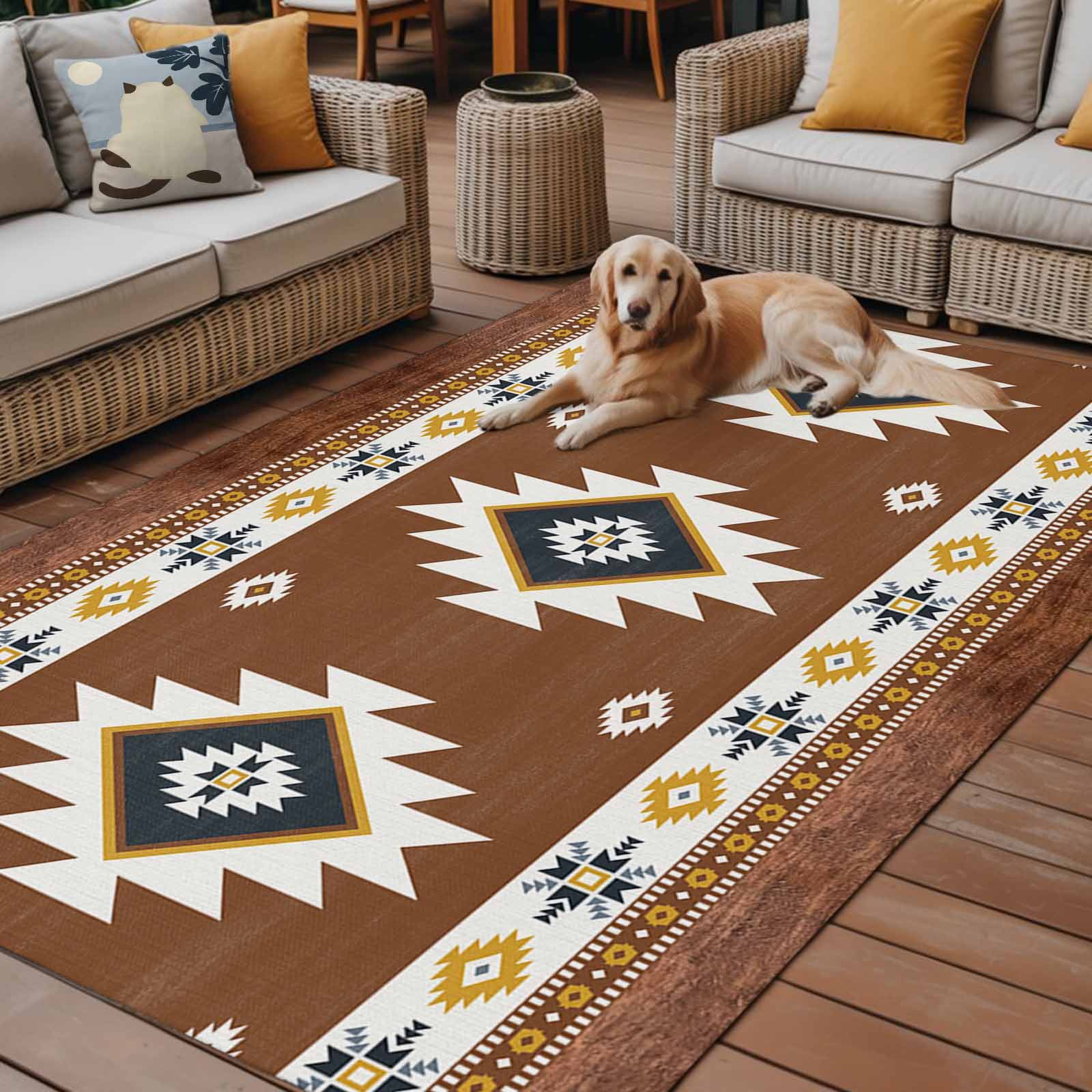 Fsddascl Southwest Outdoor Rug for Patio/Deck, Non-Slip Large Area Rug 5 x 8 Ft, Western Brown Yellow Geometric Abstract Art Wooden Indoor Outdoor Rugs Washable Area Rugs, Camping Rug Carpet