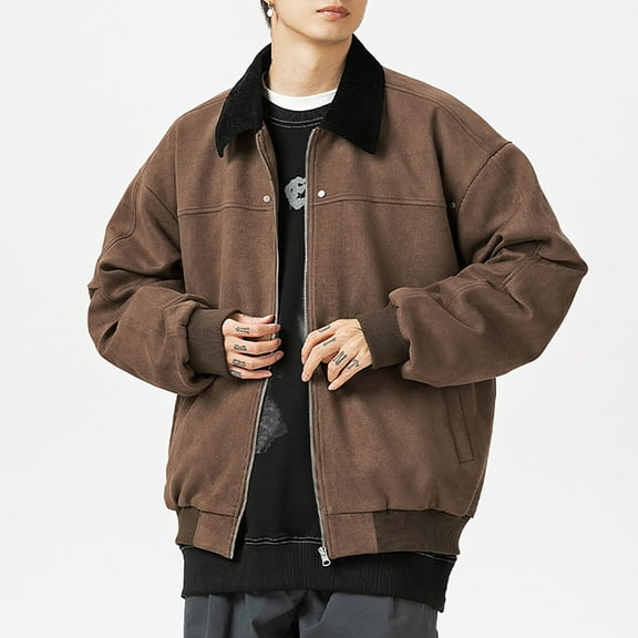 Maoxin Men's Coats Men's Vintage Motorcycle Corduroy Solid Color Zipper Pocket Long Sleeved Casual Jacket Coffee 2XL