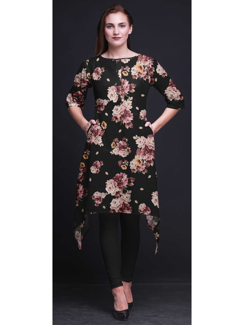Bimba Black Peony & Buttercup Floral Printed Asymmetrical Kurti Tops For Women Indian Summer Dress Tunic XX-Large