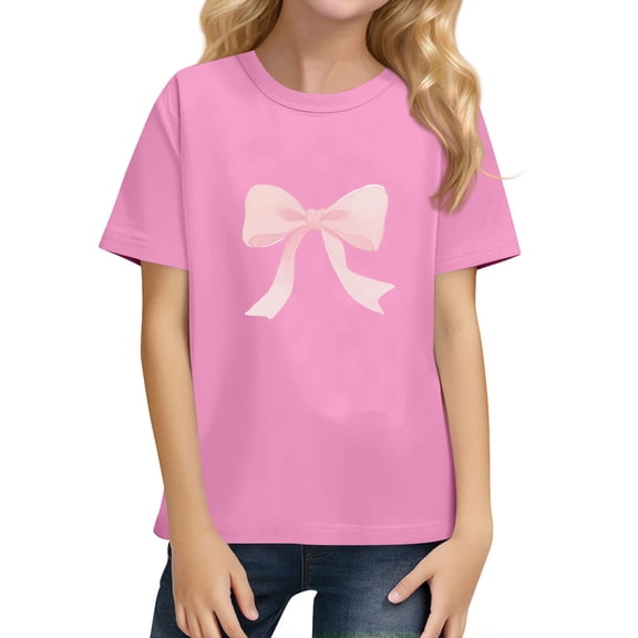 YOUYEDIAN Top for Girls Summer Short Sleeve Crewneck Bow Print T Shirt Teen Fashion Cute Clothes (Pink, 6-7 Years)