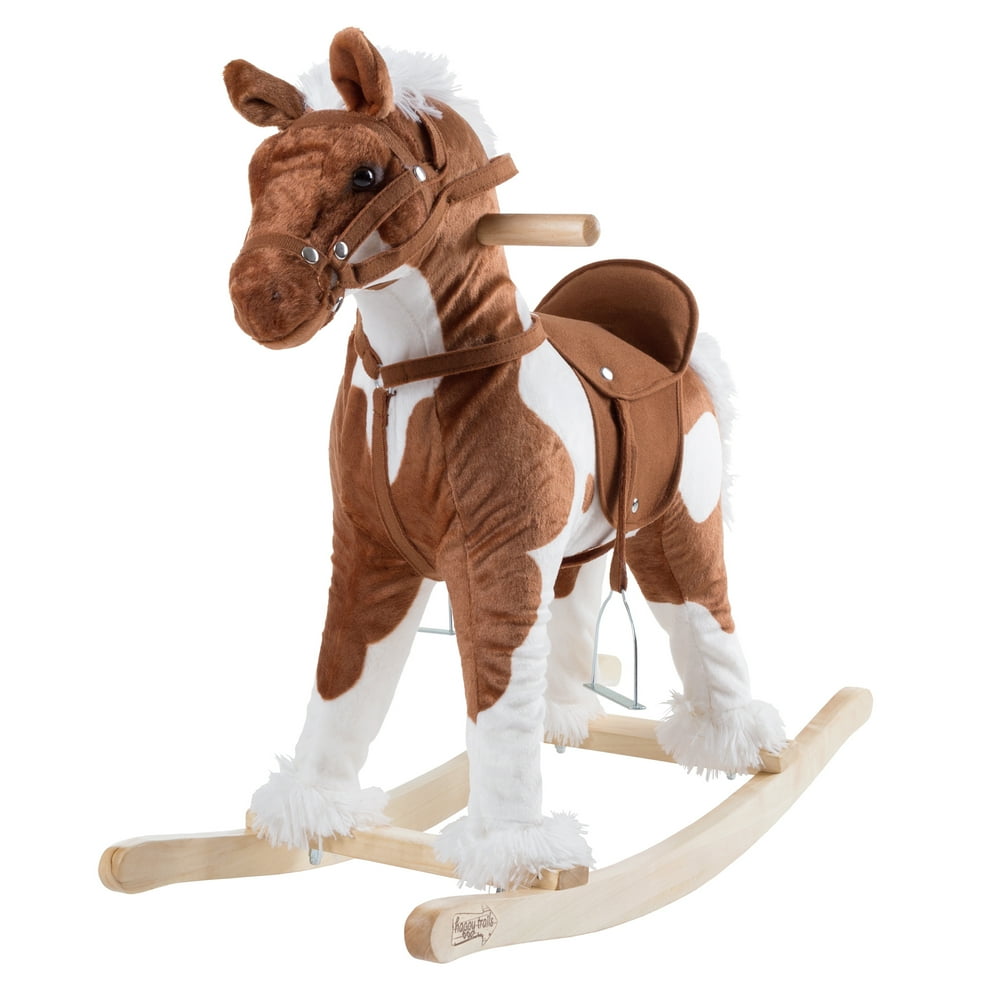 Rocking Horse Plush Animal on Wooden Rockers with Sounds, Stirrups