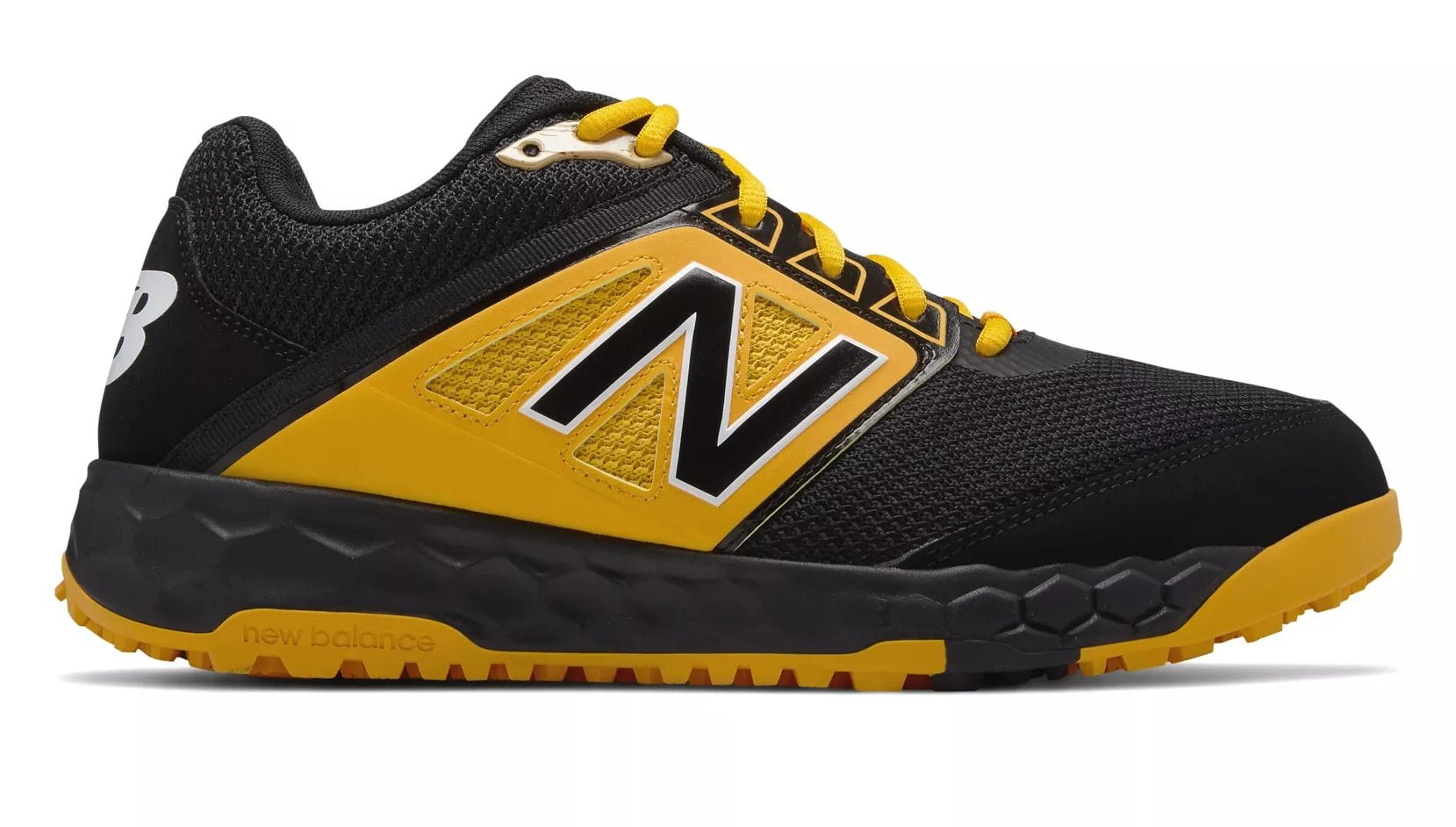 new balance black and yellow turf shoes