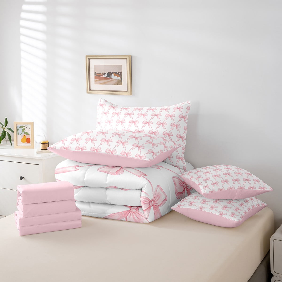 Manfei Kawaii Bow Bedding Comforter Set 7 Pieces,Girls Bow Knot Full Bedding Set,Pink White Fitted Sheet Flat Sheet,Breathable Bedroom Decorative,Reversible