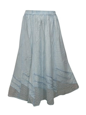 Mogul Womens Embroidered Stonewashed Blue Long Maxi Skirt