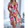 thumbnail image 6 of Women's Short Sleeve A Line Dresses Square Neck Flowy Floral Smocked Midi Dress for Casual Red S, 6 of 10