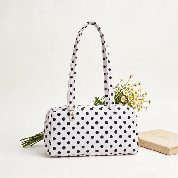 Polka Dot Shoulder Handbag for Women, Lightweight Nylon Baguette Bag, Zip‑up Medium Tote Purse with Inner Pocket, Detachable Clasp Handle, Casual Daily Shoulder Bag for Travel Weekend Outing