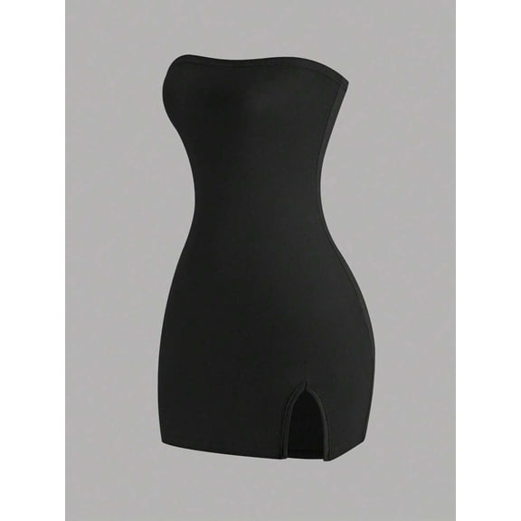 Women's Black Strapless Mini Dress - Bodycon Fit with Front Slit