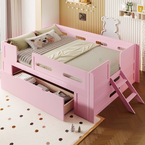 Harper & Bright Designs Full Size Platform Bed with Guardrail and Storage Drawers, Wood Platform Bed Frame with Two-Step Ladder for Boys Girls, Pink
